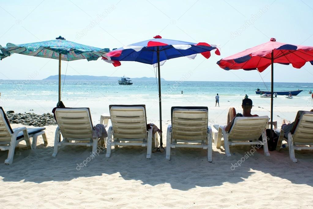 Sunbeds and umbrellas on the beach of Ko Lan island, Koh Hae island, Pattaya, Thailand, Asia