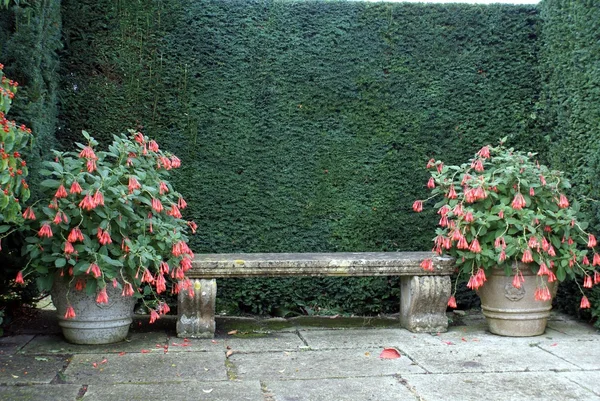 Steinsitze und Vasen im Garten — Stockfoto