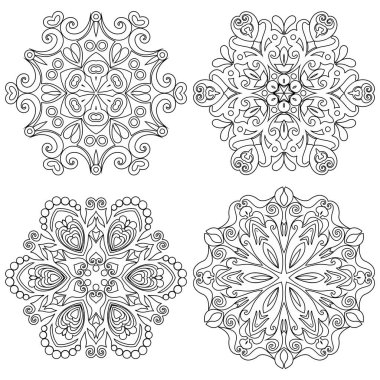 Vektör soyut çiçekli, etnik süslemeli mandalalar ayarlandı.