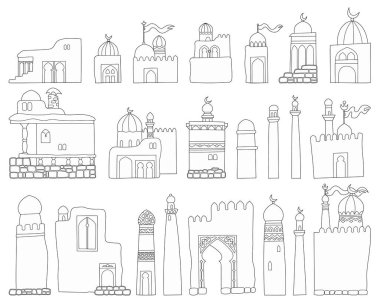 Vektör doğu çizgi film binaları ayarlandı.