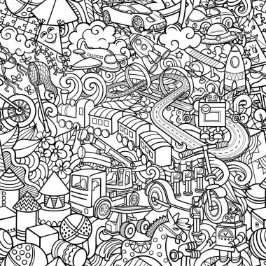 Çizgi film sevimli karalamalar el çizimi çocuklar oyuncaklar kusursuz desenler.