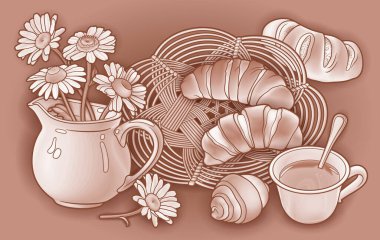 Çörekler ve çay, hasır peçete ve çiçekler bir sürahi elle çizilmiş vektör çizimi.