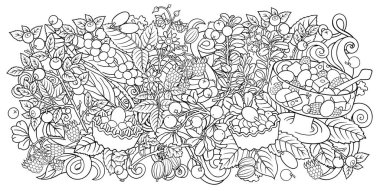 Meyveler, böğürtlenler, tatlılar elle çizilmiş resimler.