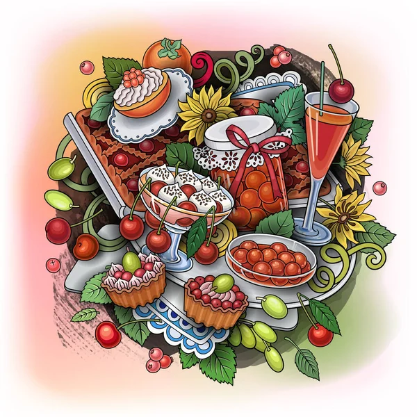 Свитки, ягоды, фрукты, напитки иллюстрации — стоковое фото