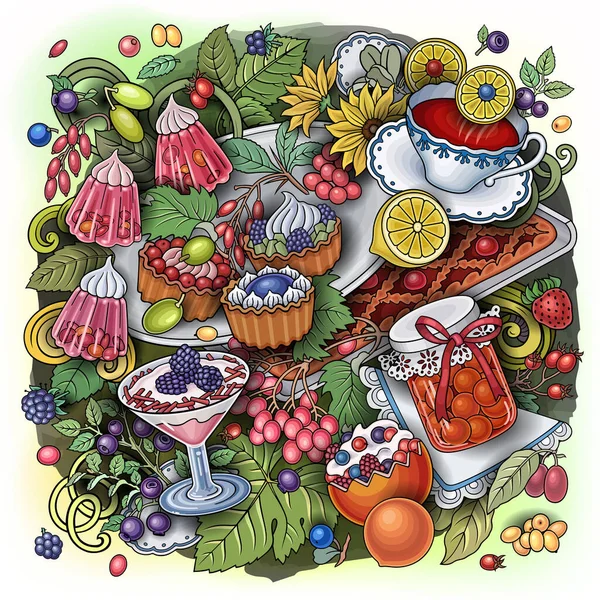 Süßigkeiten, Beeren, Früchte, Getränke Illustration — Stockfoto