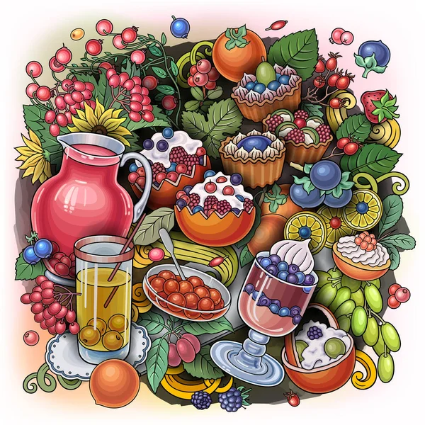 Sweets, berries, fruits, drinks illustration