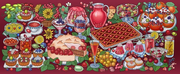 Sweets, berries, fruits, drinks illustration