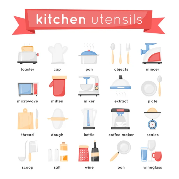 Utensilios de cocina y utensilios de cocina iconos planos — Vector de stock