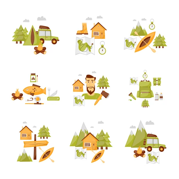 Caminhadas, conjunto de ícones de acampamento — Vetor de Stock