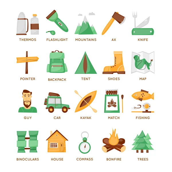 Senderismo y camping conjunto de iconos — Vector de stock