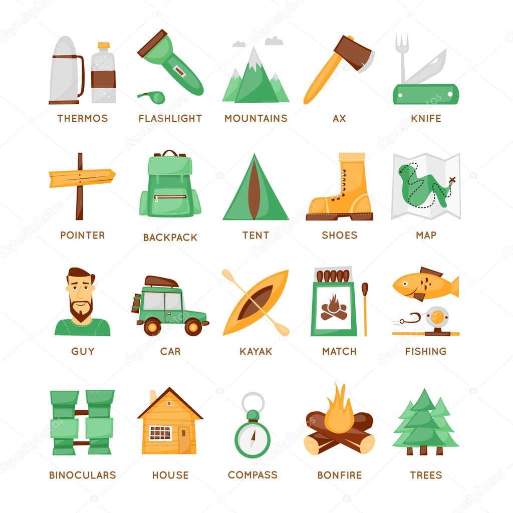 Hiking and camping set of icons