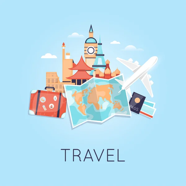 Viajar en avión. Tema Turismo y vacaciones — Vector de stock