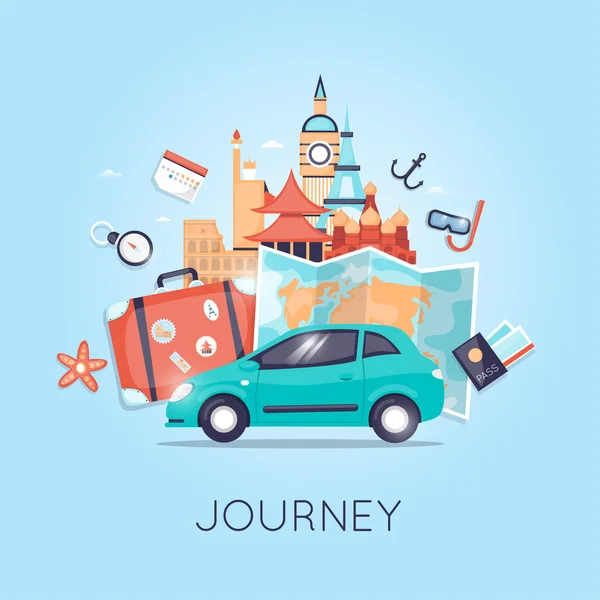 Viajar en coche. Tema Turismo y vacaciones — Vector de stock