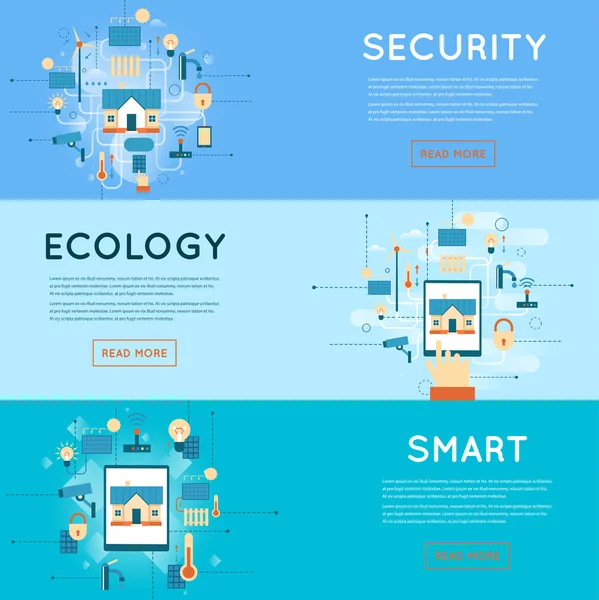 Banderas de seguridad, ecología y hogar inteligente — Archivo Imágenes Vectoriales