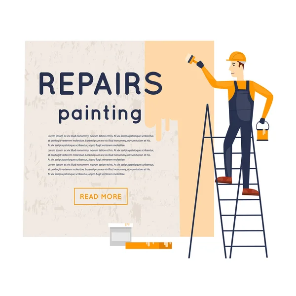 Trabalhador na parede de pintura escadas —  Vetores de Stock