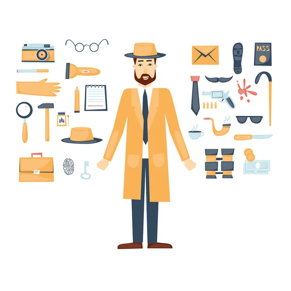 Personaje detective y conjunto de iconos — Vector de stock