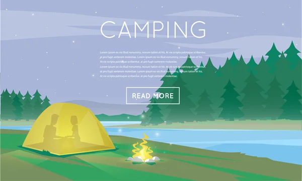 Floresta acampar com barraca e fogo —  Vetores de Stock