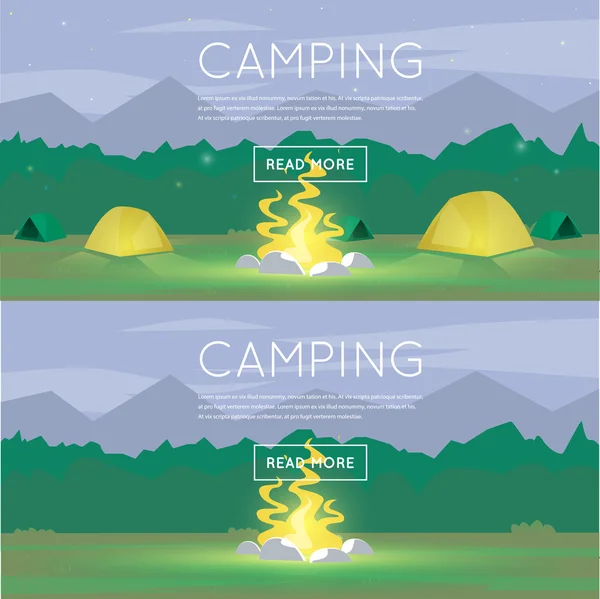 Camping forestal con tiendas de campaña y fuego — Archivo Imágenes Vectoriales