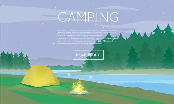 Forest camping with tent and fire — Stock Vector