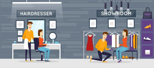 Salão de cabeleireiro, loja de roupas de moda — Vetor de Stock