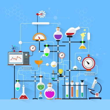 Flat design. Laboratory workspace and workplace concept.Chemistry, physics, biology.Modern vector illustration.