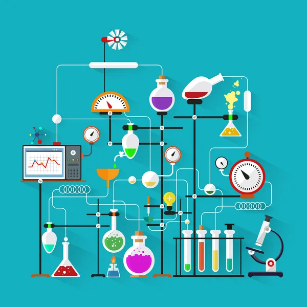 Diseño plano. Laboratorio espacio de trabajo y lugar de trabajo concept.Chemistry, física, biology.Modern vector ilustración . — Archivo Imágenes Vectoriales