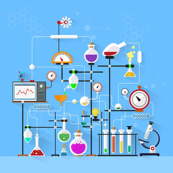 Platte ontwerp. Laboratorium werkruimte en werkplek concept. Scheikunde, natuurkunde, biologie. Moderne vectorillustratie. — Stockvector