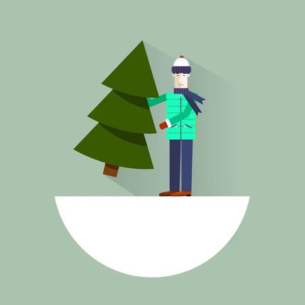 Hombre eligiendo corte fresco árbol de navidad. Feliz Navidad. Estilo plano moderno. Feliz Año Nuevo. Un hombre lleva un árbol de Navidad. Bazar de Navidad ilustración . — Archivo Imágenes Vectoriales