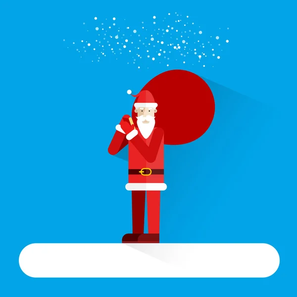 Santa Claus permanent in de sneeuw met zijn zak van presenteert. Vrolijk kerstfeest. Moderne vlakke stijl. Gelukkig Nieuwjaar. — Stockvector