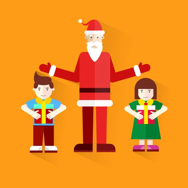 Santa Claus rozdawanie prezentów dla dzieci. Wesołych Świąt Bożego Narodzenia. Szczęśliwego nowego roku. Szczęśliwe dzieci prezentami. Chłopak i dziewczyna obok Santa Claus. — Wektor stockowy