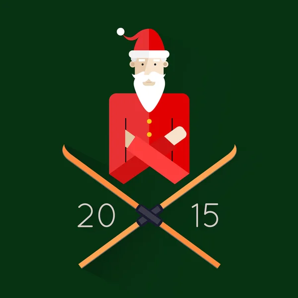 Flat Design. Santa Claus Face. Père Noël et ski. Carte de voeux. Nouvel An. Style hippie. Bonne année. Joyeux Noël . — Image vectorielle