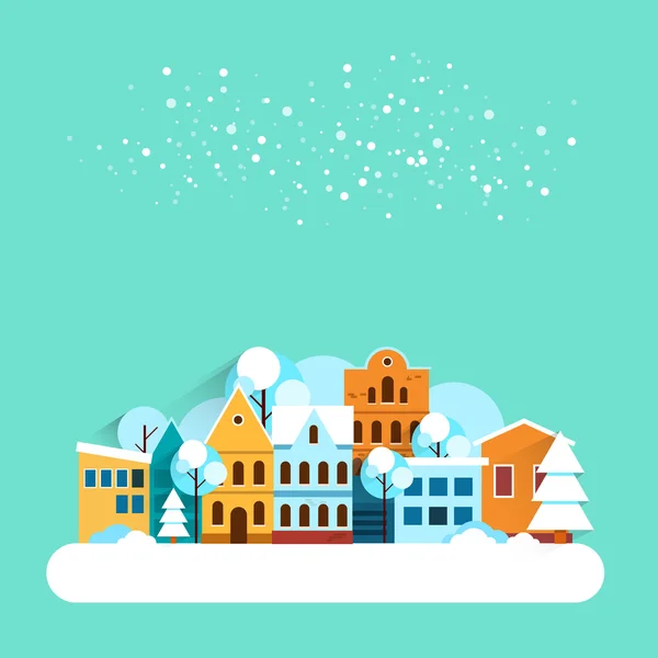 Kort med staden vinterlandskap med fallande snö. Vinter semester landskap med snö täckte staden. God jul och gott nytt år gratulationskort. Vector platt illustrationer. — Stock vektor