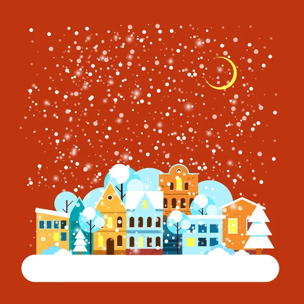 Scheda con paesaggio invernale cittadino con neve che cade. Vacanze invernali paesaggio con città innevata. Buon Natale e felice anno nuovo biglietto di auguri. Illustrazioni piatte vettoriali . — Vettoriale Stock