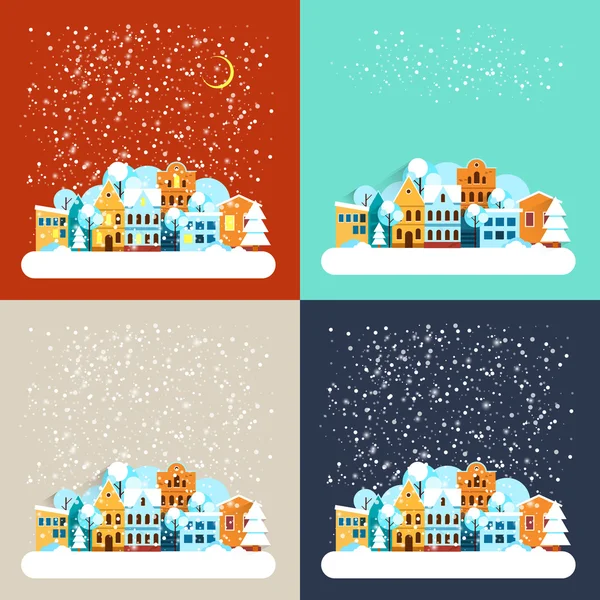 Karte mit städtischer Winterlandschaft mit fallendem Schnee. Winterurlaub Landschaft mit schneebedeckter Stadt. Frohe Weihnachten und einen guten Rutsch ins neue Jahr. Vektorflache Illustrationen. — Stockvektor