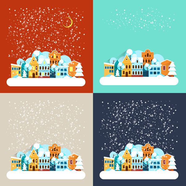 Card with city winter landscape with falling snow. Winter holidays landscape with snow covered city. Merry Christmas and Happy New Year greeting card. Vector Flat illustrations.