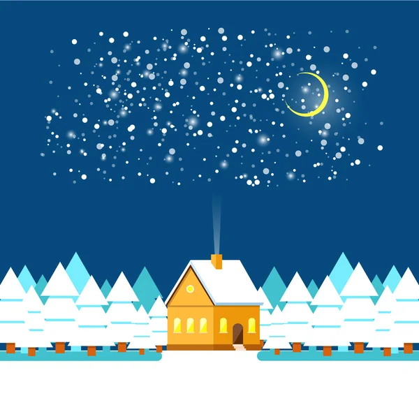雪のある冬景色には、村が覆われています。メリー クリスマスと新年あけましておめでとうございます。グリーティング カード フラットなデザイン. — ストックベクタ
