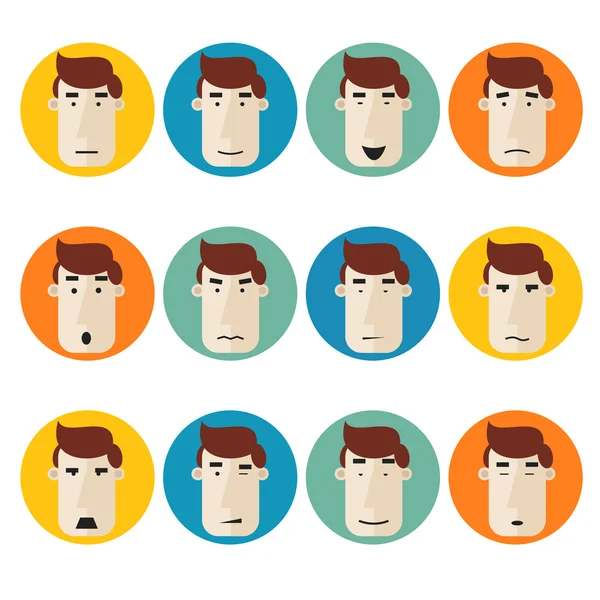 Conjunto de caras individuales que expresan emociones en círculos de color. Sonrisa, enojado, apasionado, agresivo, cansado, dormir . — Vector de stock