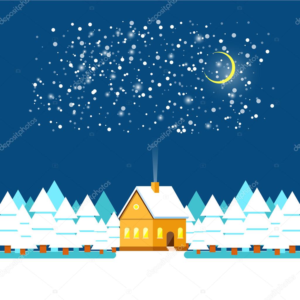 Winter landscape with snow covered village. Merry Christmas and Happy New Year. Greeting card flat design.