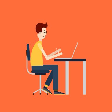 Freelancer iş başında. Çalışma alanı ile masaüstü bilgisayar. Düz tasarım.