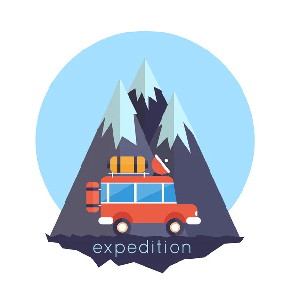 Ilustración de coche todoterreno en carretera de montaña . — Vector de stock