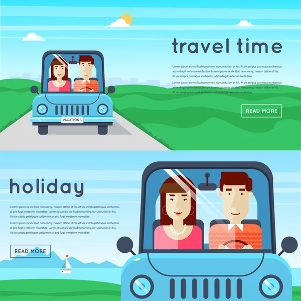 Hombre y mujer viajando en coche — Vector de stock