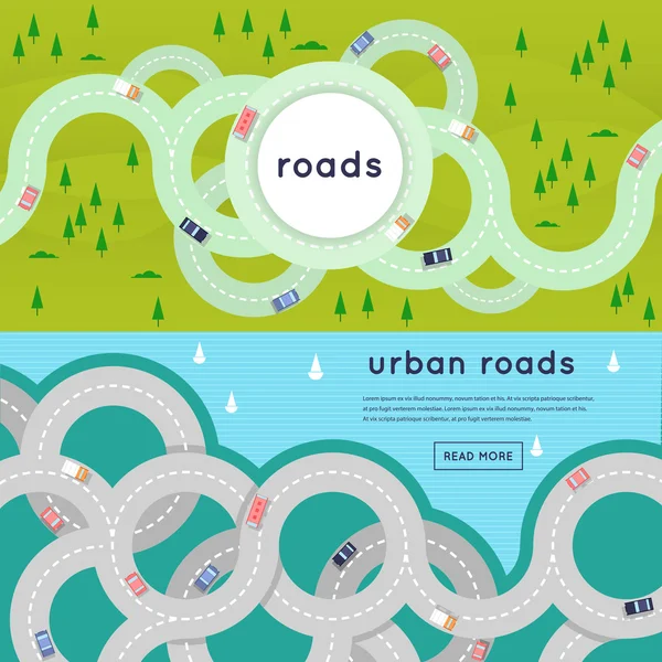 Ocupadas carreteras urbanas de asfalto y transporte — Vector de stock