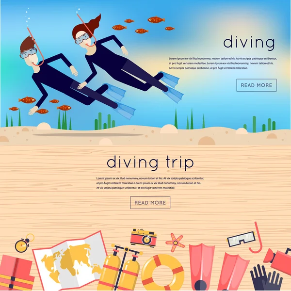 Hombre y mujer dedicados al buceo — Vector de stock