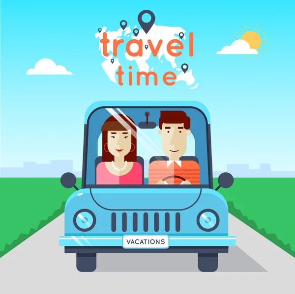 Homme et femme voyageant en voiture — Image vectorielle