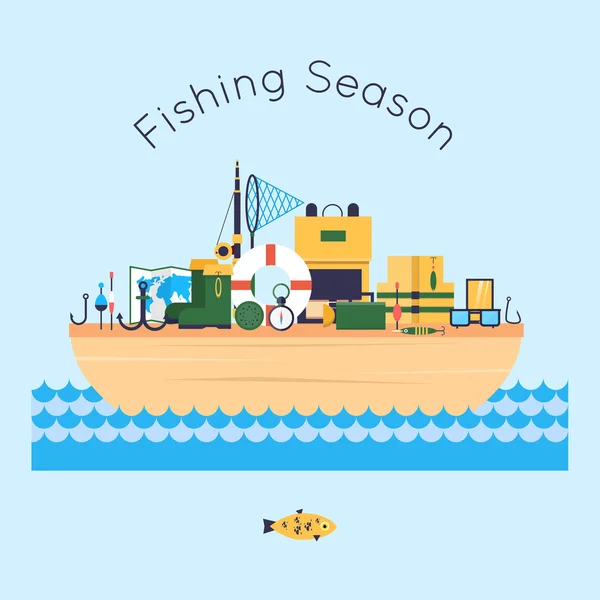 Barco de pesca en el agua y aparejos — Vector de stock