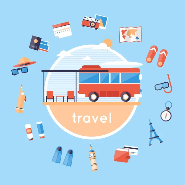 Iconos de autobús y camping — Vector de stock