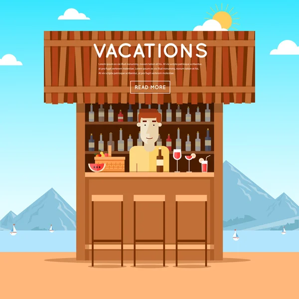 Bar en la playa, un camarero detrás de la barra . — Vector de stock