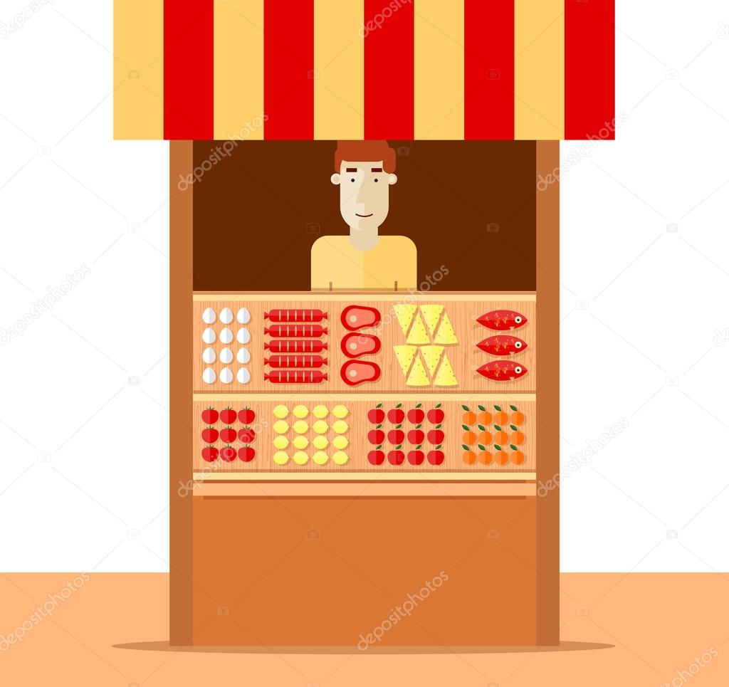Seller sells products behind counter