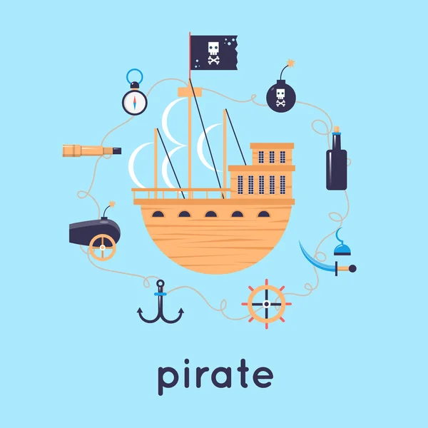 Ship surrounded by pirate icons — Stockvector