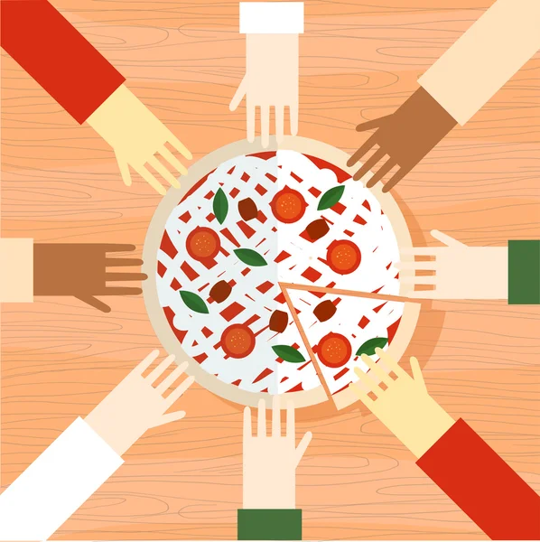 Las manos alcanzan para pizza — Vector de stock